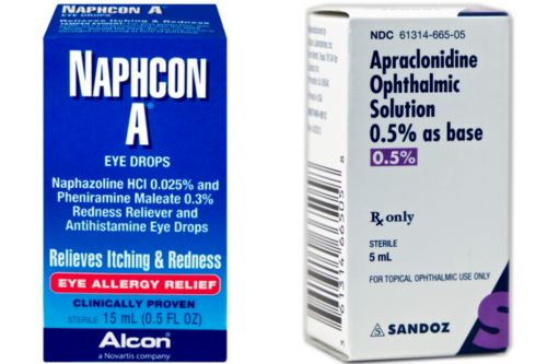 A box of Naphcon A and Apraclonidine eyedrops medicine that can alleviate a botox droopy eyelid. 