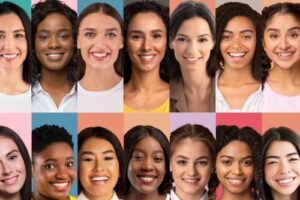 Close up of faces of many different women and different ethnicities showing how natural beauty is different for everyone.