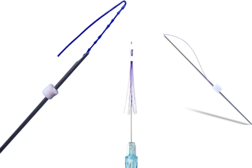 Close-up of three medical suture needles against a white background, each equipped with blue or purple PDO Threads. One needle is shown with a plastic grip, another with a protective cover, emphasizing their role in precise applications like thread lifts. Close-up of three types of PDO Lifting threads against a white background, each equipped with blue or purple PDO Threads. One needle is shown with a plastic grip, another with a protective cover, emphasizing their role in precise applications like thread lifts.