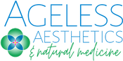 Logo for "Ageless Aesthetics Anti-Aging Medicine" featuring blue and green text with a green and blue geometric flower design on the left side.